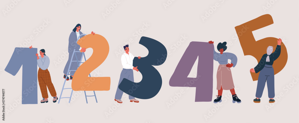 Vector illustration of people holding numbers. Happy joyful people showing big numbers. Vector illustration of people holding numbers. Happy joyful people showing big numbers.