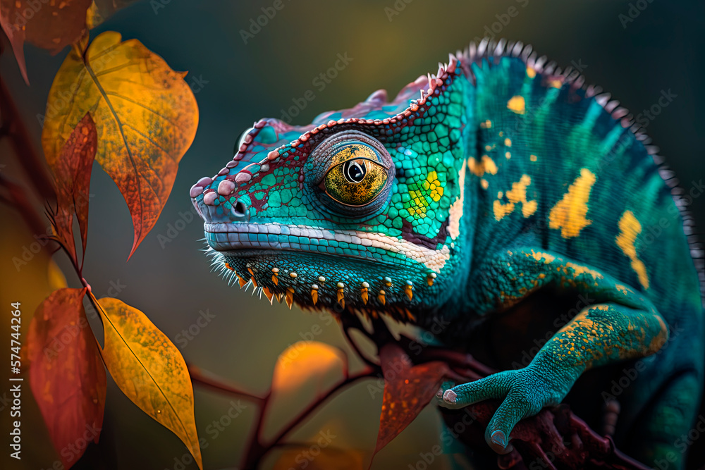 Close-up beautiful chameleon, reptile, lizard. Generative AI - obrazy, fototapety, plakaty 
