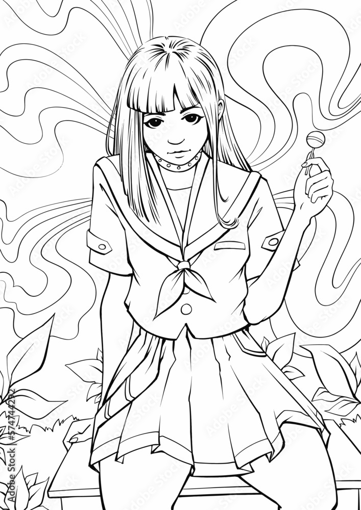 Pretty cartoon smiling girl in accessories, anime style. Hand-drawn vector illustration. Outline art for coloring books, tattoos, cards, etc. Isolated on white background. Pretty cartoon smiling girl in accessories, anime style. Hand-drawn vector illustration. Outline art for coloring books, tattoos, cards, etc. Isolated on white background.