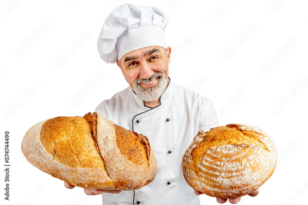 Professional baker offering freshly baked bread. Chef-cooker in a chef's hat and jacket. Senior baker man wearing a chef's outfit. Character kitchener, pastry chef for advertising Professional baker offering freshly baked bread. Chef-cooker in a chef's hat and jacket. Senior baker man wearing a chef's outfit. Character kitchener, pastry chef for advertising