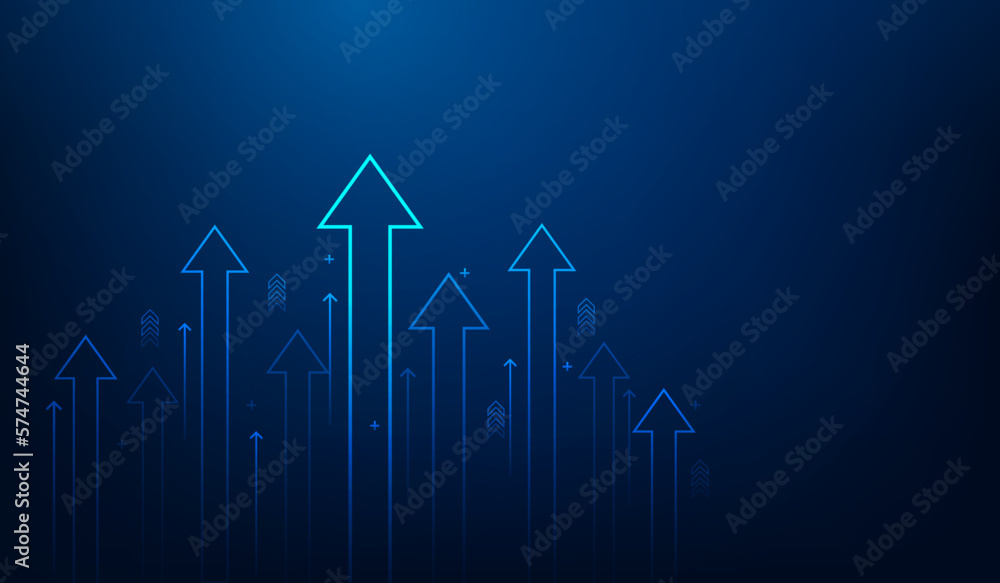 business arrow up growth line circuit technology on dark blue background. business investment to success. financial data graph strategy.market chart profit money. vector illustration hi-tech. - obrazy, fototapety, plakaty 