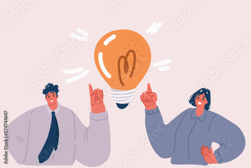 Vector illustration of Businesswoman with light bulb. Man looking for new ideas. Education or creative idea concept