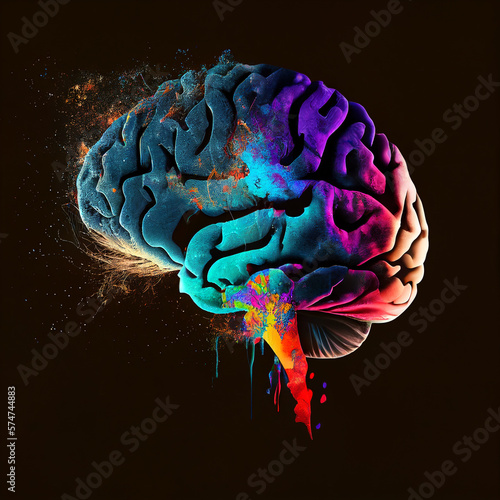 Image of human brain in colorful splashes glowing on black backgroundV. Mental health psychology anxiety depression learning concept