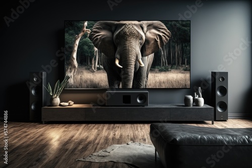 Living room with a wide wall TV background, Dark theme modern interior design, Generative AI Digital Illustration