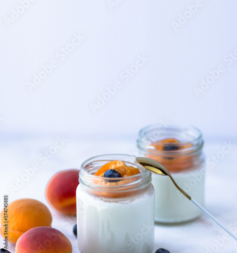 Homemade yogurt with apricot and blueberries. Space for text. Banner