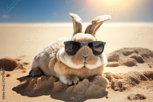 Fluffy rabbit in sunglasses enjoys the sun on the beach. Easter holiday concept
