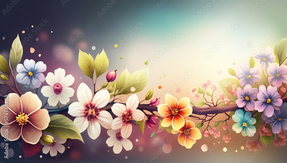 Spring banner and abstract background. Floral background for creative design, prints, booklet. Beautiful spring and summer blossom banner created with generative Ai technology Spring banner and abstract background. Floral background for creative design, prints, booklet. Beautiful spring and summer blossom banner created with generative Ai technology