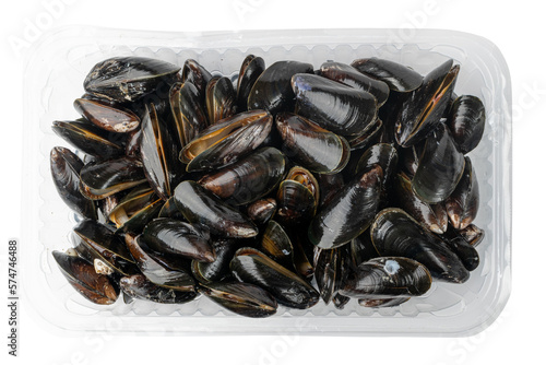 Raw Mussels in Plastic Packaging Isolated, Fresh Shellfish Seafood, Black Mussels, Raw Cold Clams on White
