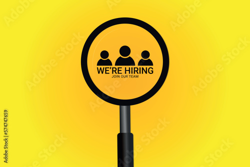 We are hiring poster with magnifying glass open job vacancy background for social media post