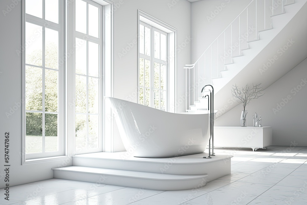 A white room with a big window has a white bathtub standing on stairs. On a shelf, a poster is present. toned picture. Generative AI A white room with a big window has a white bathtub standing on stairs. On a shelf, a poster is present. toned picture. Generative AI