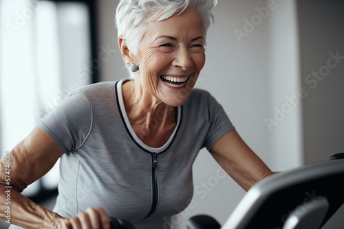Portrait of happy fit senior woman doing sport in her appartment. AI generative illustration