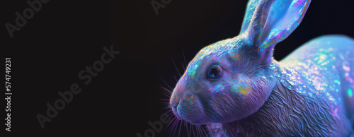 Holographic Easter rabbit with glitter. Iridescent bunny with copy space for text, advertising. Happy Easter Day. Trendy design. Banner. Generative AI.