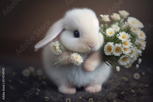 Cute white bunny holding a bouquet of flowers