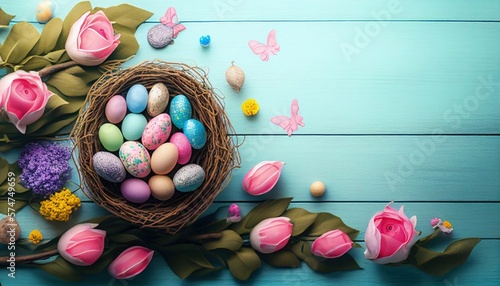 Happy Easter! Colorful Easter eggs in the nest with flowers, butterflies, and pink ribbon on pastel blue wooden background, Flat lay, top view. Generative AI