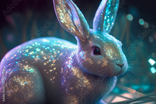 Holographic Easter rabbit with glitter. Iridescent bunny. Happy Easter Day. Trendy design. Generative AI.