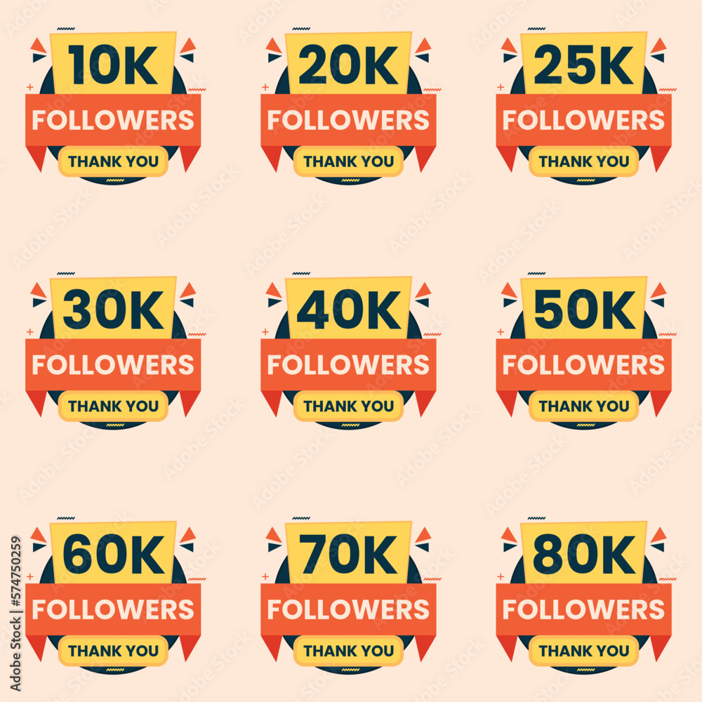 thank you followers celebration banner design vector 10k to 90k followers label set