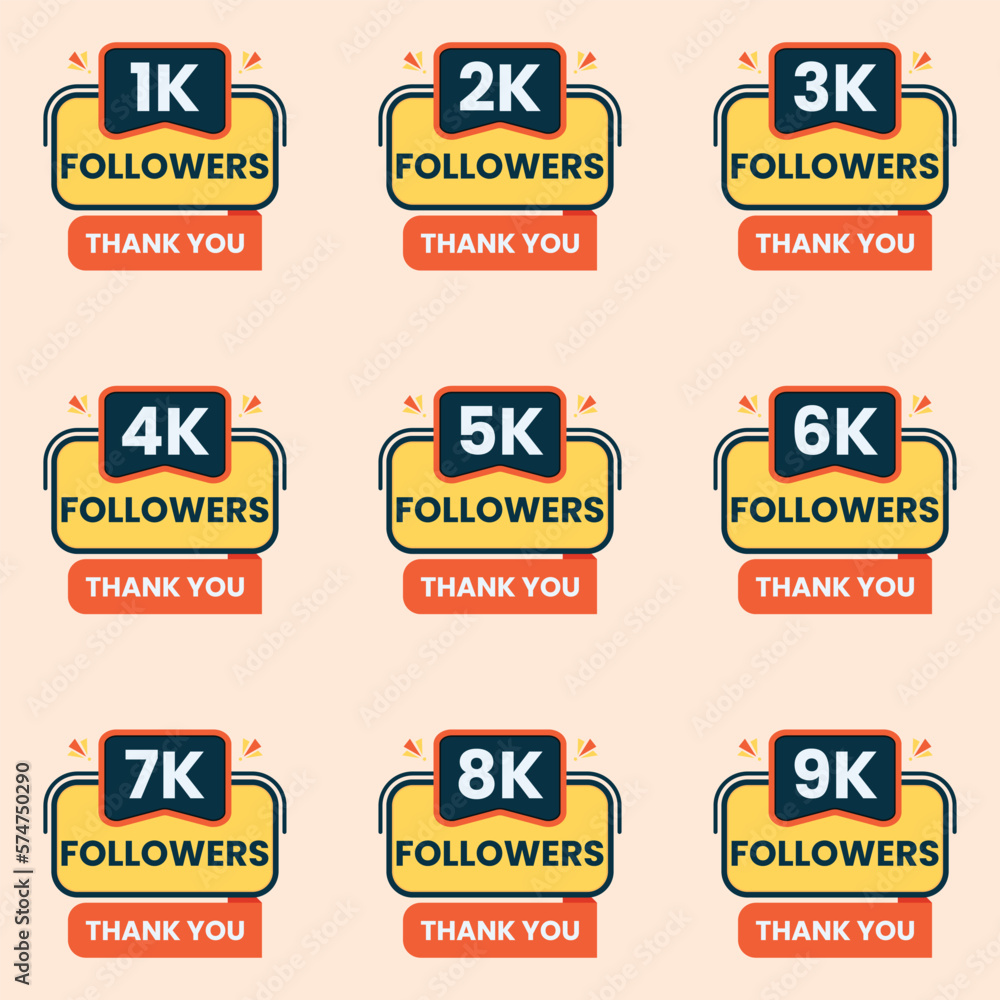thank you followers celebration banner design vector 1k to 9k followers label set