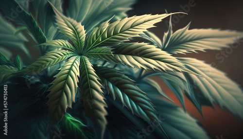 Cannabis leaves in various shades of green form a textured background. Illustration of a fresh marijuana bush on a dark background. Generative ai.
