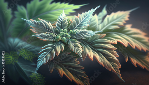 Cannabis leaves with bumps in various shades of green form a textured background. Illustration of a fresh marijuana bush on a dark background. Generative ai.
