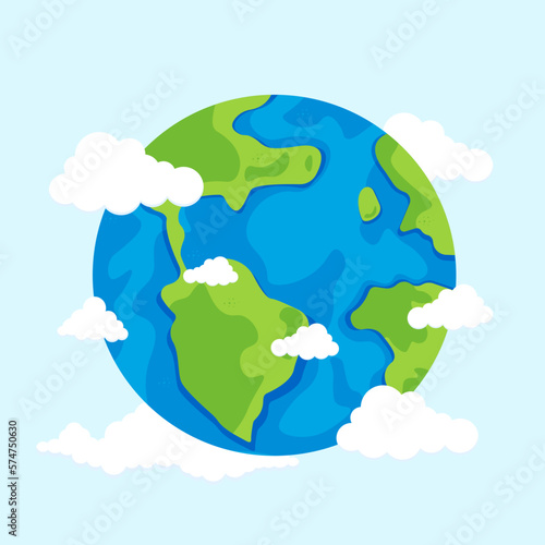 Happy earth day. Earth, blue-green globe with clouds. Ecology and environmental protection. Can be used as a postcard or for printing. Vector illustration in flat cartoon style.
