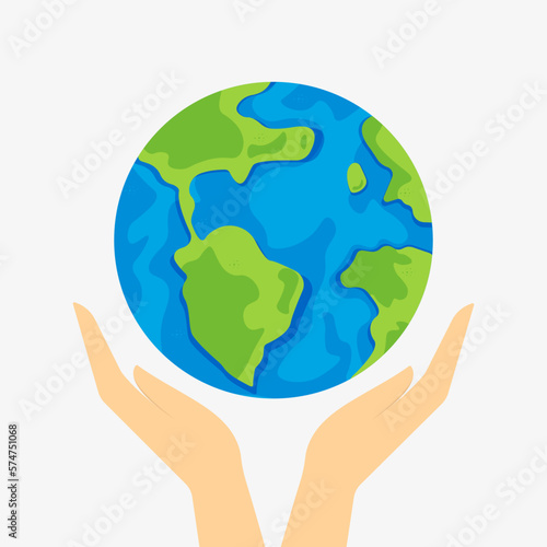 Happy earth day. Hands hold the earth and globes. Hands protect the earth. Earth Day. Vector illustration in flat cartoon style.