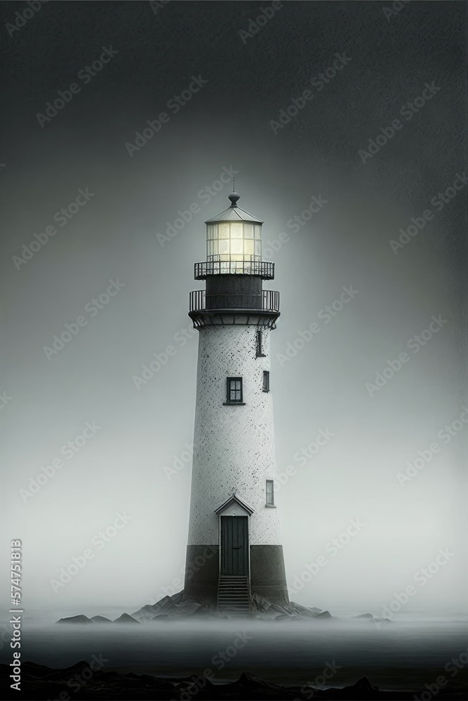 A lone black and white lighthouse stands proudly against the sea, providing guidance, protection and security to those who need it in darkness.Generative AI