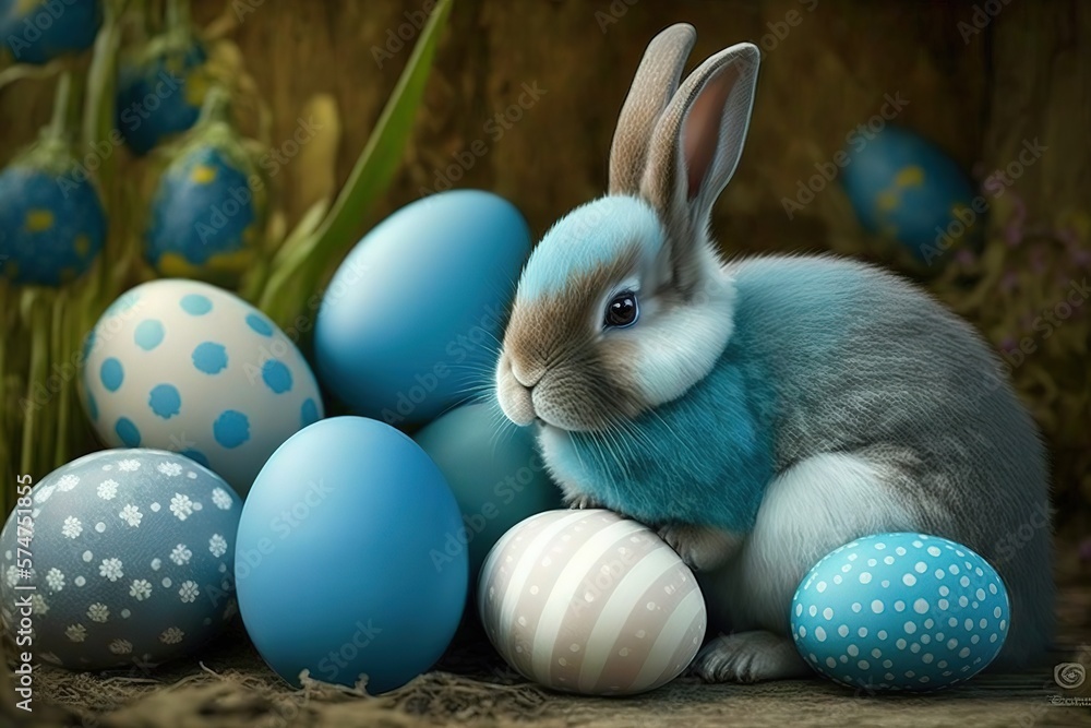 Cute easter bunny and many blue eggs