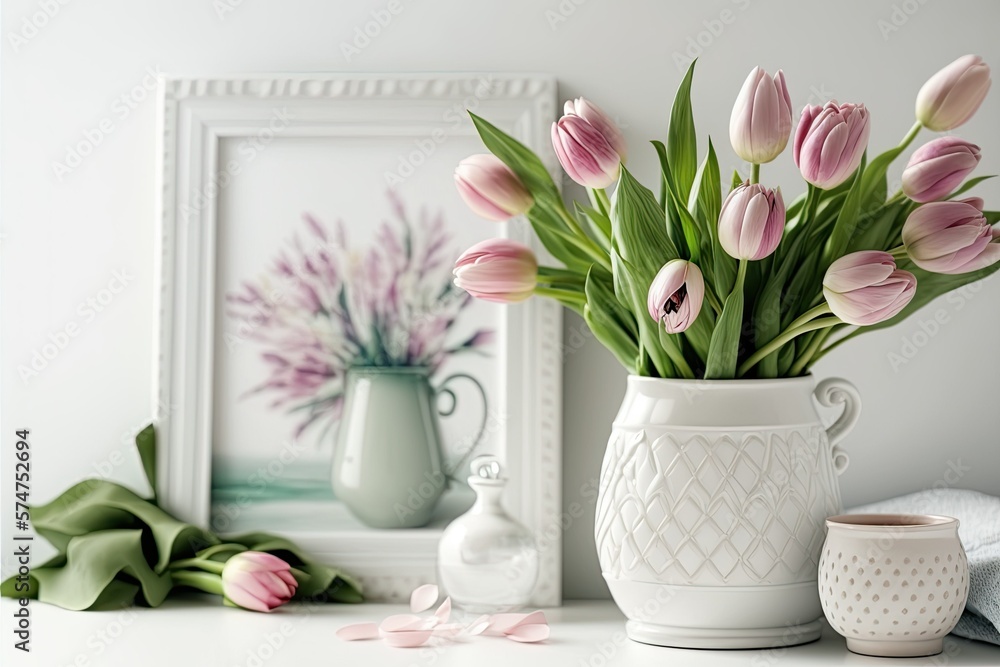 Home decor. Pink tulips in a vase. Generative AI