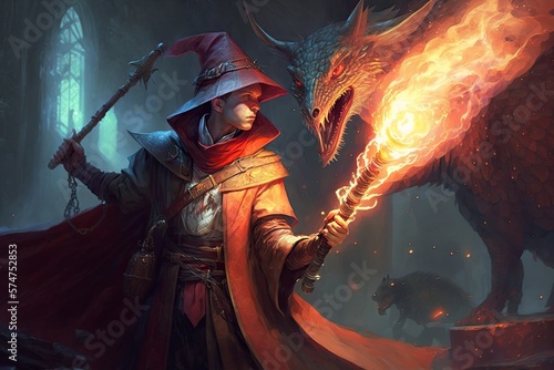 wizard with magic wand fighting against a dragon