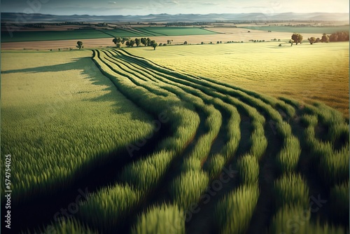 Landscape with peddy Field and River from Drone. Generative AI photo