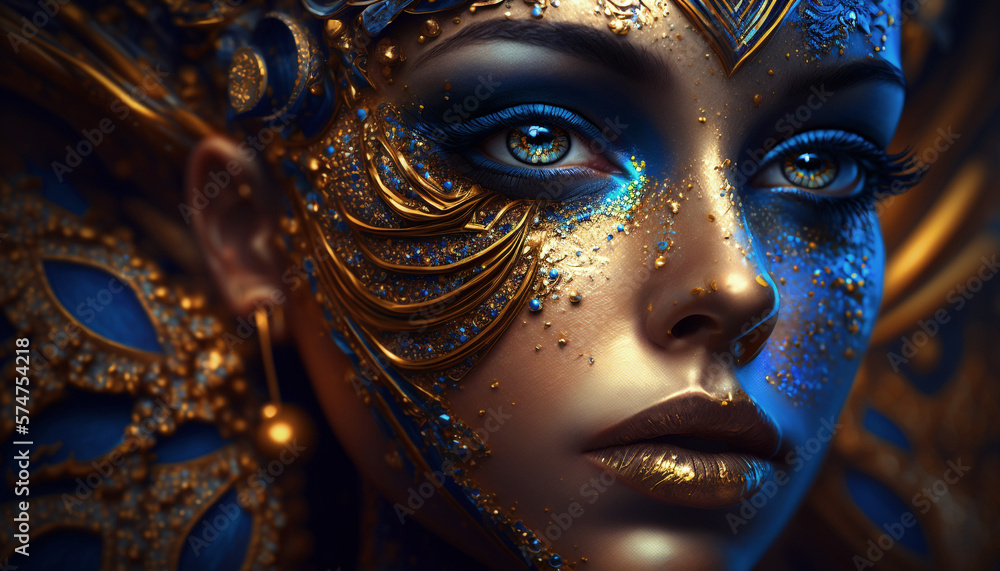 The woman's face is made in a surreal style in blue and yellow tones. The woman's face is made in a surreal style in blue and yellow tones.