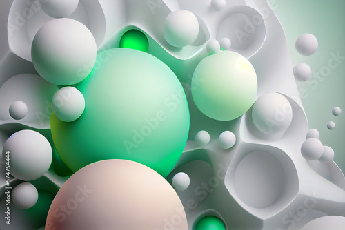 Abstract background with spheres in green and white tones. Generative AI