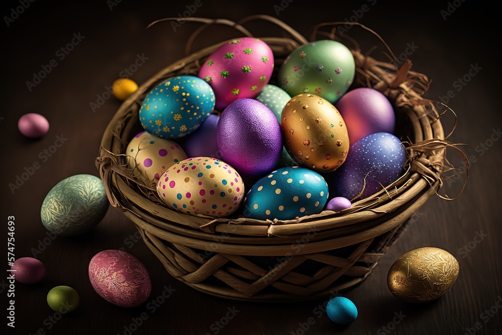 Happy easter, Easter painted eggs in the basket on wooden rustic table for your decoration in holiday. copy space Happy easter, Easter painted eggs in the basket on wooden rustic table for your decoration in holiday. copy space