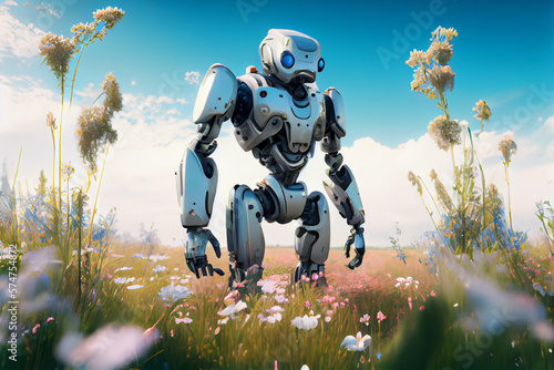 An old beautiful robot walks on a green lawn. AI generated