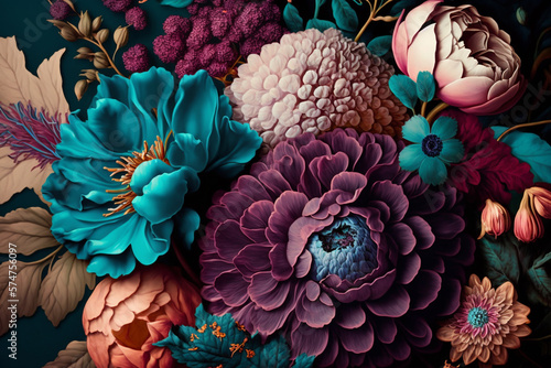 Fényképezés beautiful fantasy vintage wallpaper Colorful pretty disco retro vibes botanical flower bunch,vintage motif for floral print digital background