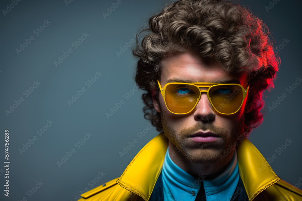 Studio portrait of a young man wearing 80's outfit and sunglasses. Generative ai Studio portrait of a young man wearing 80's outfit and sunglasses. Generative ai