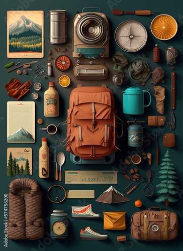 Top view of camping equipments. Flat lay of camping gear. Concept of hiking. Generative AI.