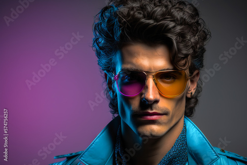 Studio portrait of a young man wearing 80's outfit and sunglasses. Generative ai