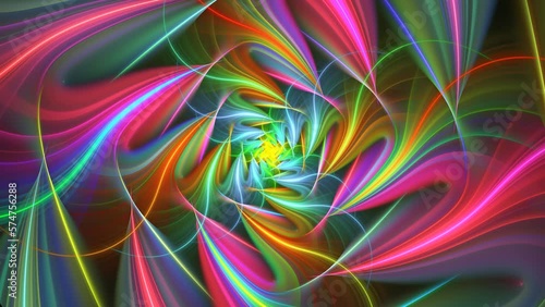 Vivid colorful fractal constructions rotating clockwise around centre, changing shapes and colors. Abstract background with twirls, spiral, curve particles, bright filaments, waves. 4K UHD 4096x2304 photo