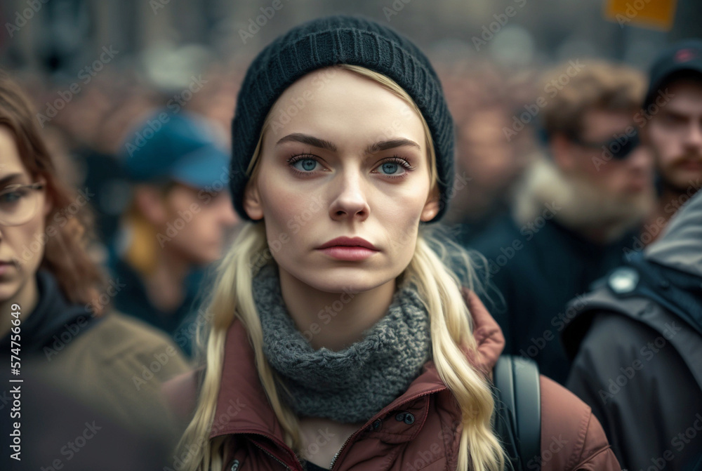 young woman in a city in the midst of a crowd, big city life or motionless or thoughtful or listless. Generative AI young woman in a city in the midst of a crowd, big city life or motionless or thoughtful or listless. Generative AI