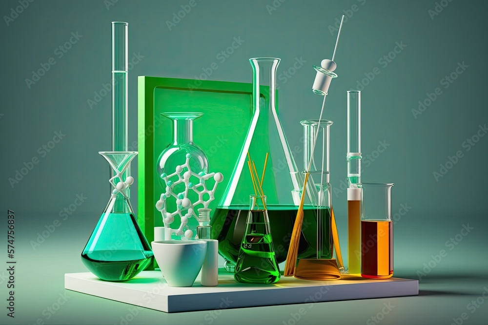 Glassware used in chemistry laboratories, displayed on a green background. Generative AI - obrazy, fototapety, plakaty 