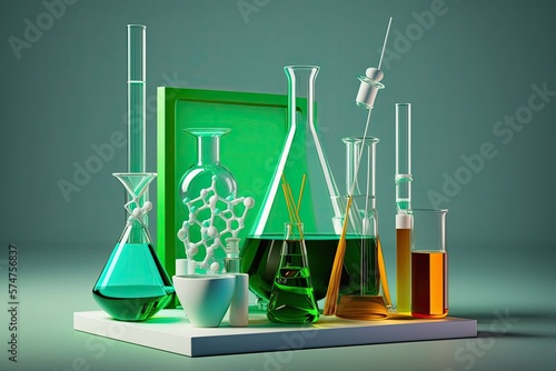 Glassware used in chemistry laboratories, displayed on a green background. Generative AI