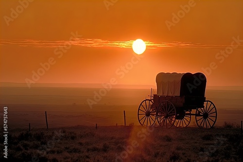 A horse and wagon on a trail in the old West. Cowboy movie. 