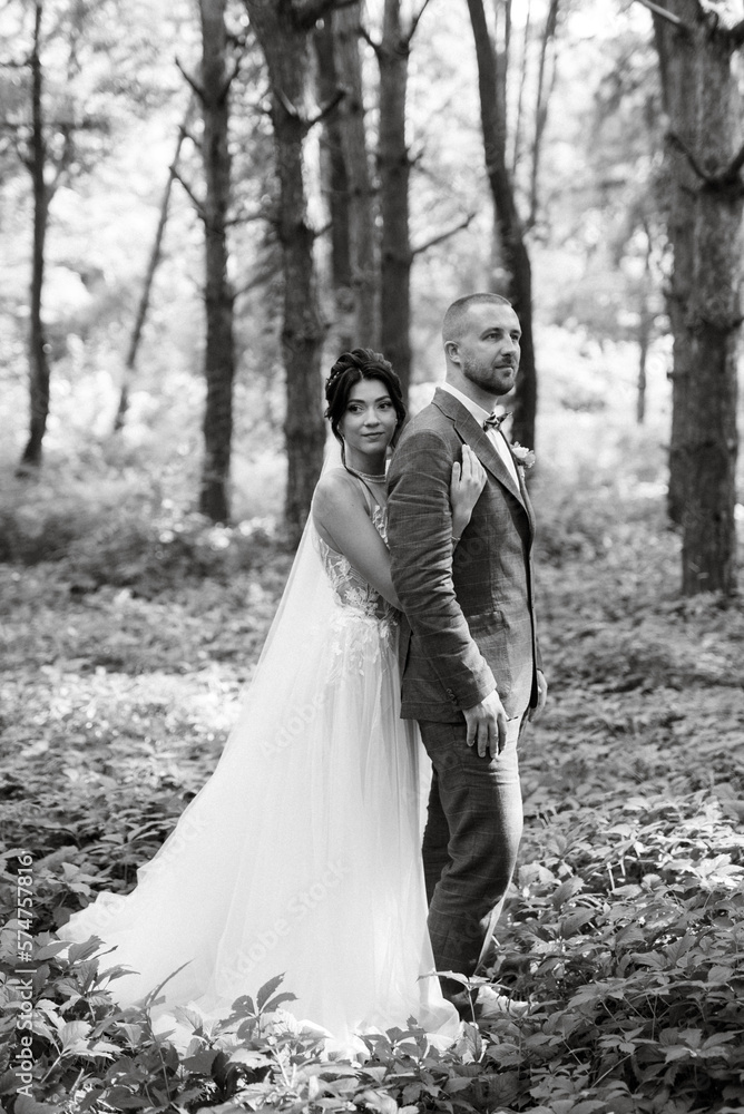 wedding walk of the bride and groom in the deciduous forest in summer wedding walk of the bride and groom in the deciduous forest in summer