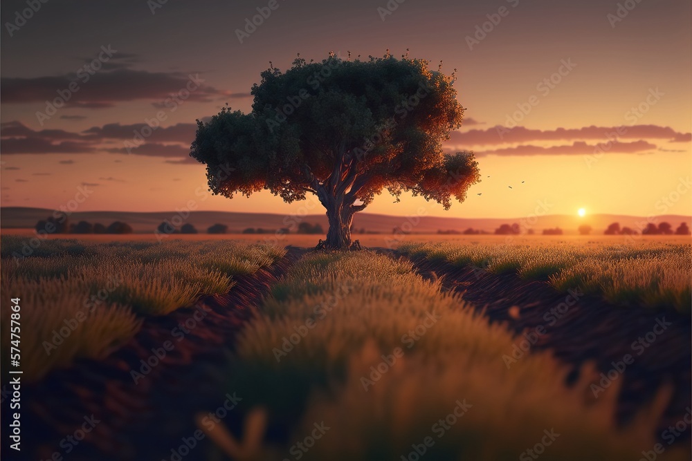 Sunrise over a field with one Big Tree. Generative AI