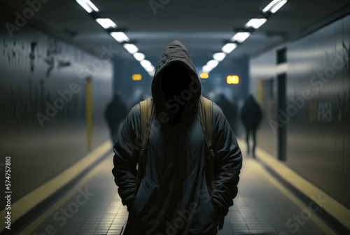 a unknown adult male wearing a hooded jacket, fictional place and person. Generative AI photo