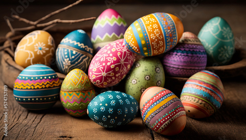 Colorful Easter eggs on wooden background, Generative AI