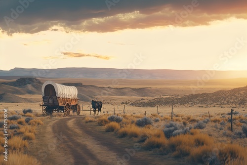 A horse and wagon on a trail in the old West. Cowboy movie. A horse and wagon on a trail in the old West. Sunset scene in cowboy movie. Great for stories of the Wild West, pioneers, vintage America. photo