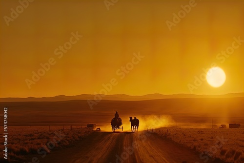 A horse and wagon on a trail in the old West. Cowboy movie. A horse and wagon on a trail in the old West. Sunset scene in cowboy movie. Great for stories of the Wild West, pioneers, vintage America. © AI Movie