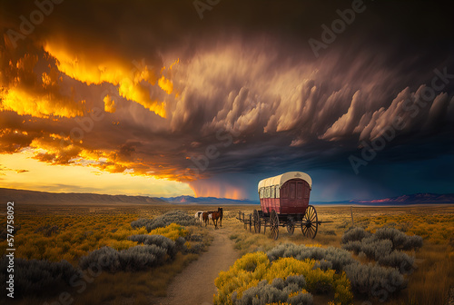 A horse and wagon on a trail in the old West. Cowboy movie. A horse and wagon on a trail in the old West. Sunset scene in cowboy movie. Great for stories of the Wild West, pioneers, vintage America.